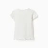 Cotton T-shirt with print and ruffled hem for girls, white
