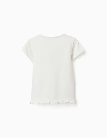 Cotton T-shirt with print and ruffled hem for girls, white