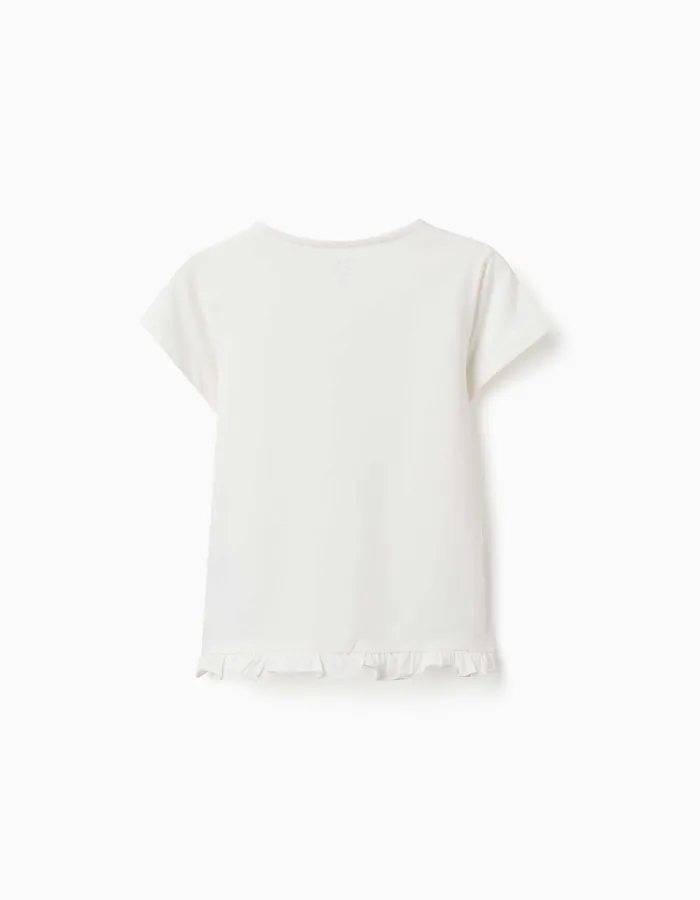 Cotton T-shirt with print and ruffled hem for girls, white
