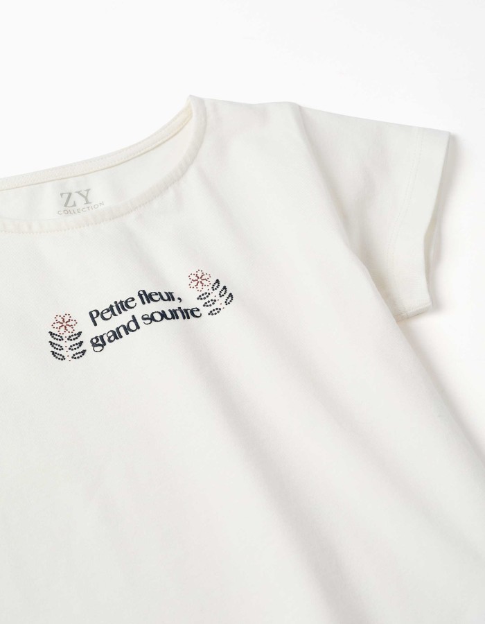 Cotton T-shirt with print and ruffled hem for girls, white