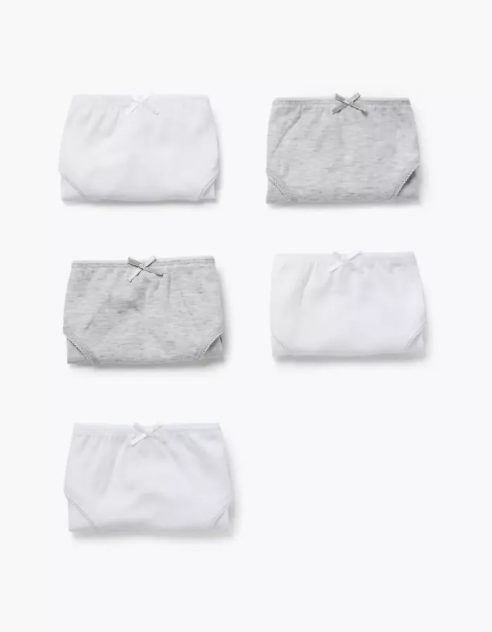 Pack of 5 Cotton Briefs Solid colours for Girls, White/Grey