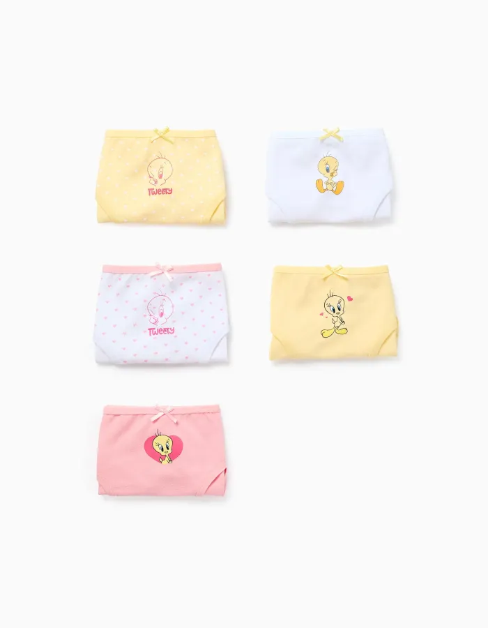 Pack of 5 Briefs for Girls 'Tweety', Pink/White/Yellow