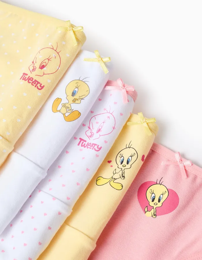 Pack of 5 Briefs for Girls 'Tweety', Pink/White/Yellow