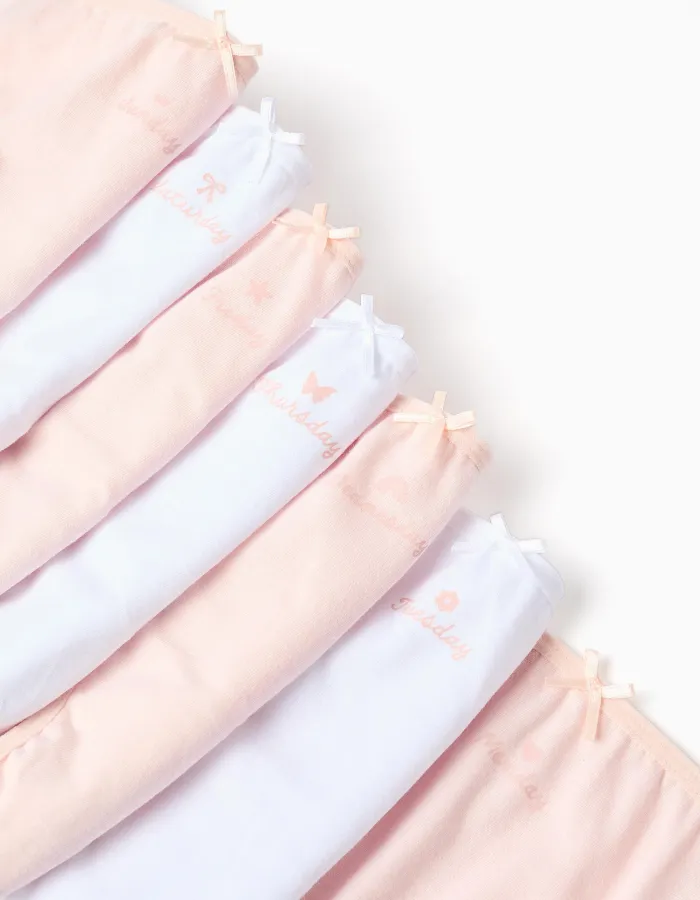 Pack of 7 Cotton Briefs 'Days of the Week' for Girls, White/Pink