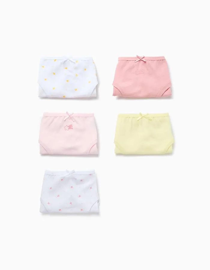 Pack of 5 cotton briefs with star motif for girls, pink/white/yellow