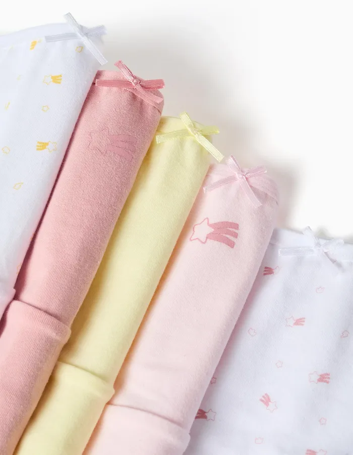 Pack of 5 cotton briefs with star motif for girls, pink/white/yellow