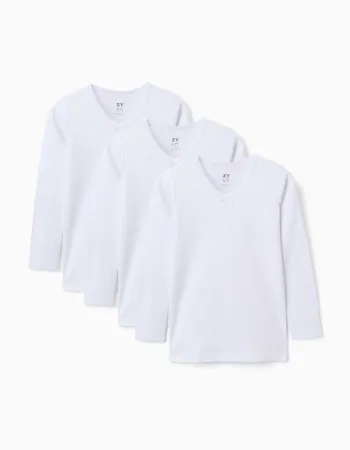 Pack of 3 long sleeve brushed cotton undershirts for girls, white
