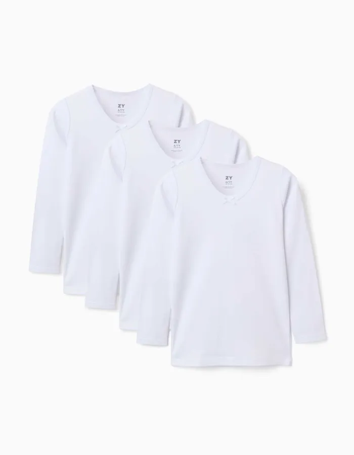 Pack of 3 long sleeve brushed cotton undershirts for girls, white