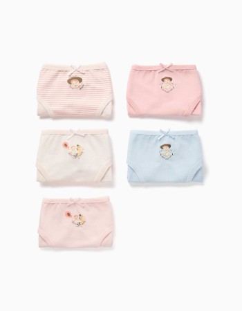 Pack of 5 cotton briefs with Jessie prints for girls, white/pink/blue