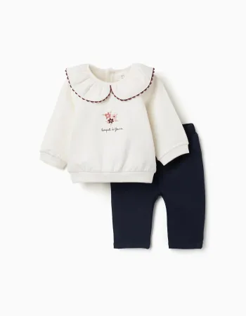 Brushed sweatshirt and joggers set for newborn girls, white/navy blue