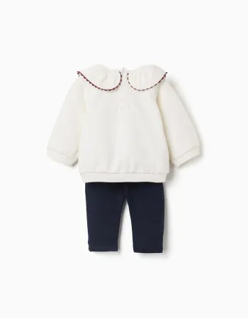 Brushed sweatshirt and joggers set for newborn girls, white/navy blue