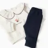 Brushed sweatshirt and joggers set for newborn girls, white/navy blue