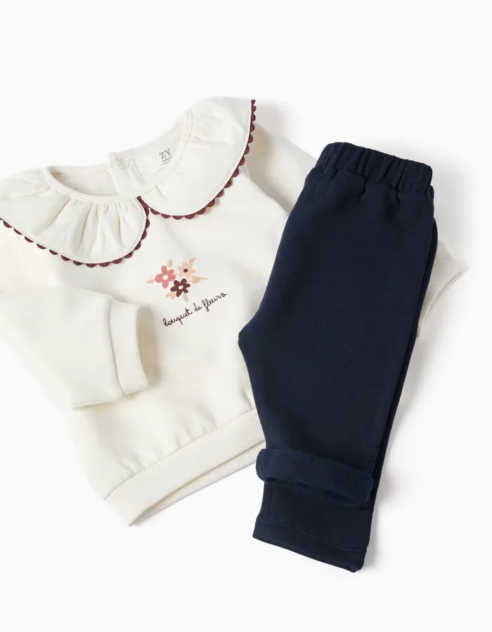 Brushed sweatshirt and joggers set for newborn girls, white/navy blue