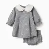 Cotton gingham dress with floral print for newborn girls, white/navy blue