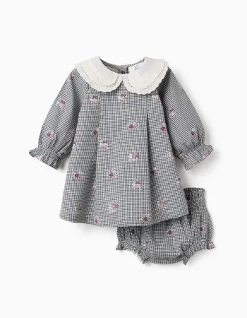 Cotton gingham dress with floral print for newborn girls, white/navy blue