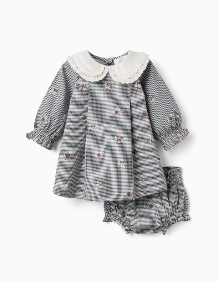 Cotton gingham dress with floral print for newborn girls, white/navy blue