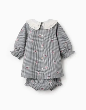 Cotton gingham dress with floral print for newborn girls, white/navy blue