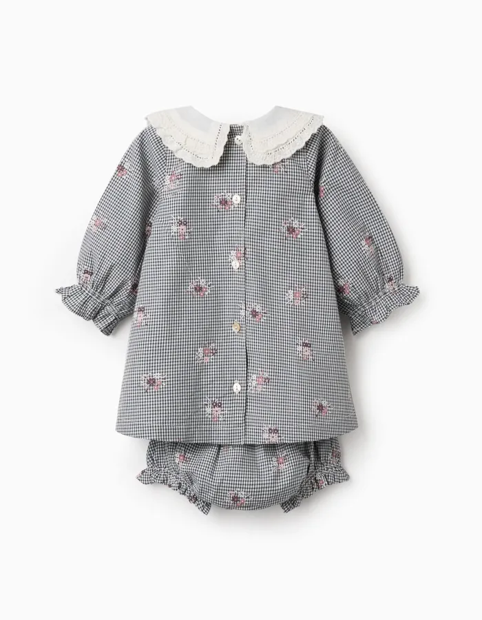 Cotton gingham dress with floral print for newborn girls, white/navy blue