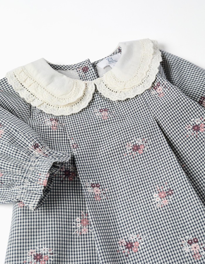 Cotton gingham dress with floral print for newborn girls, white/navy blue