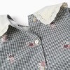Cotton gingham dress with floral print for newborn girls, white/navy blue