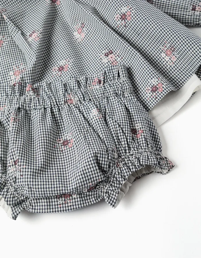 Cotton gingham dress with floral print for newborn girls, white/navy blue