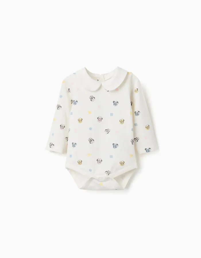Long sleeve bodysuit with Minnie motif for newborn girls, white