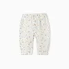 Brushed trousers with colourful pattern for newborns, white