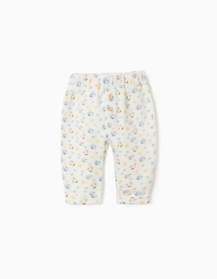 Brushed trousers with colourful pattern for newborns, white