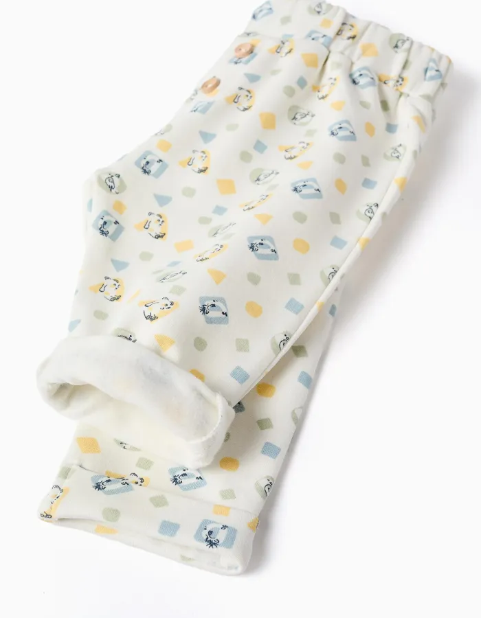 Brushed trousers with colourful pattern for newborns, white