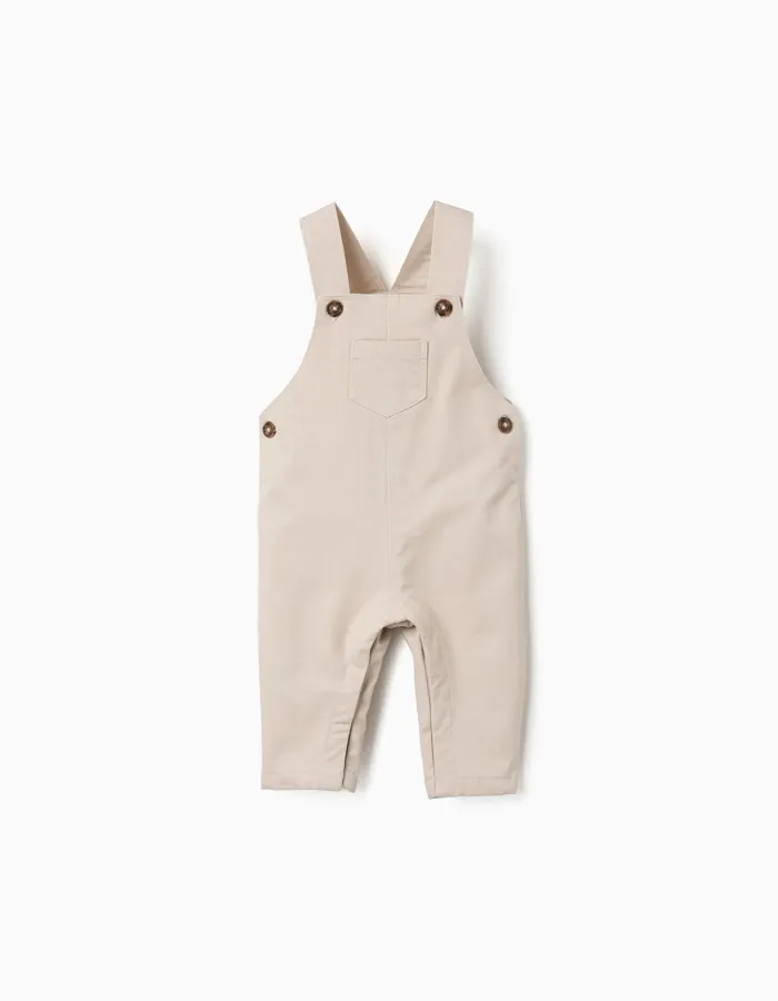 Twill dungarees with front pocket for newborn boys, light beige