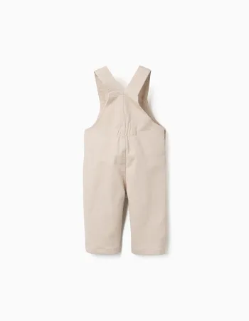 Twill dungarees with front pocket for newborn boys, light beige