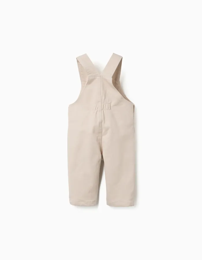 Twill dungarees with front pocket for newborn boys, light beige