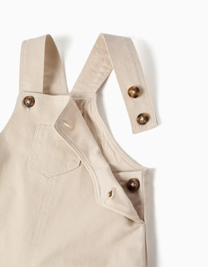 Twill dungarees with front pocket for newborn boys, light beige