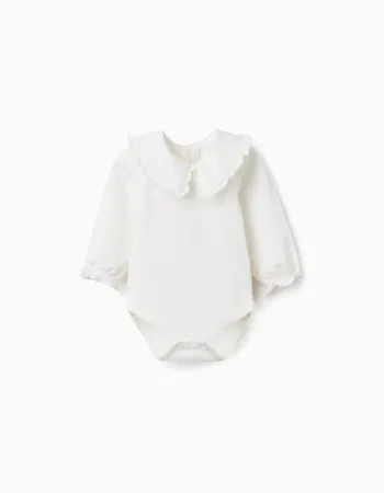 Long sleeve cotton bodysuit with ruffles for newborn girls, white