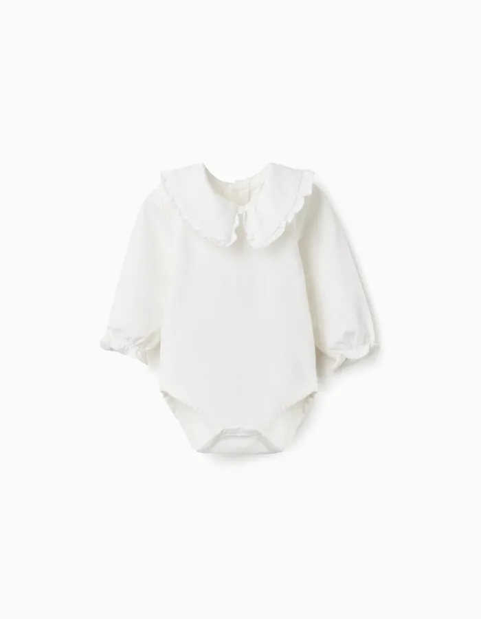 Long sleeve cotton bodysuit with ruffles for newborn girls, white