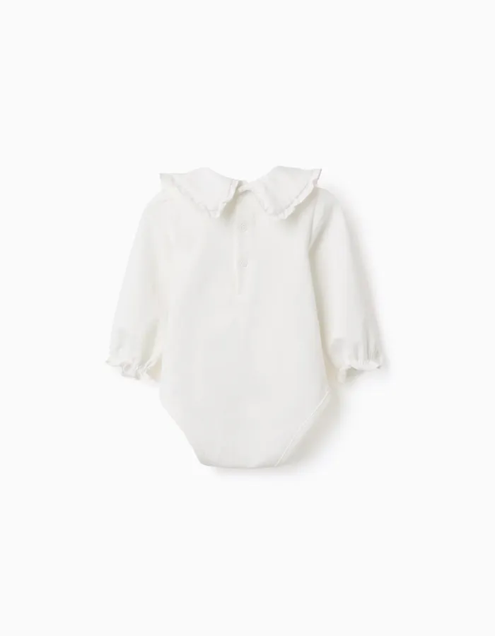 Long sleeve cotton bodysuit with ruffles for newborn girls, white