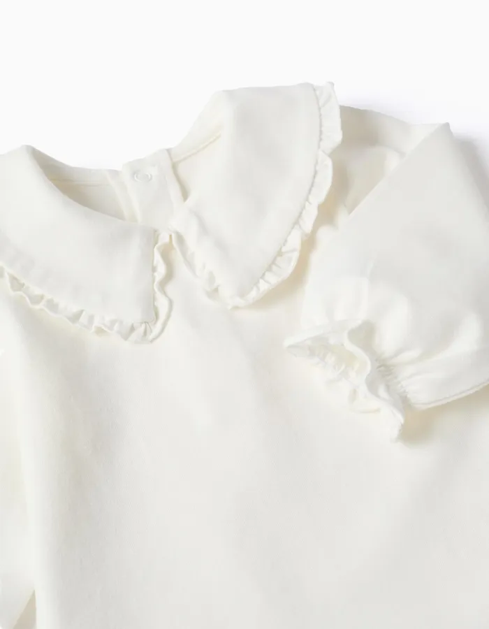 Long sleeve cotton bodysuit with ruffles for newborn girls, white