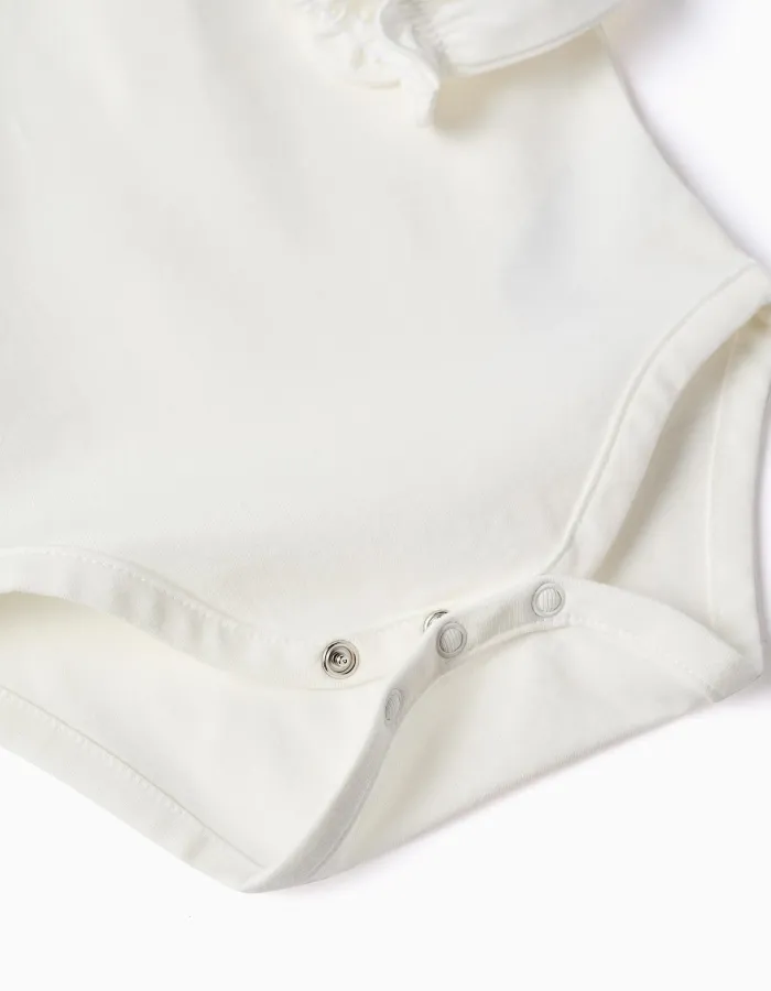 Long sleeve cotton bodysuit with ruffles for newborn girls, white