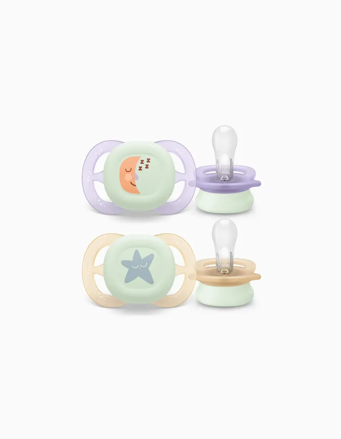 Pack of 2 Philips Avent Ultra Start Night Soothers for Girls, 0-2M