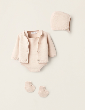 4-Piece Knitted Set in Cotton for Newborn's, Beige