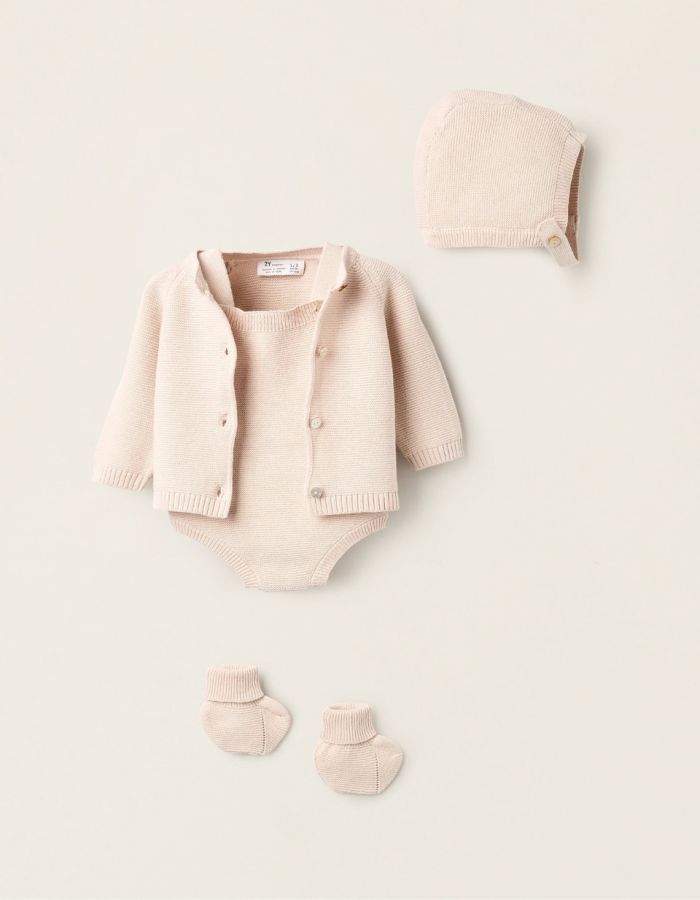 4-Piece Knitted Set in Cotton for Newborn's, Beige