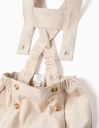 Polo-bodysuit + corduroy shorts for newborn boys, white/beige