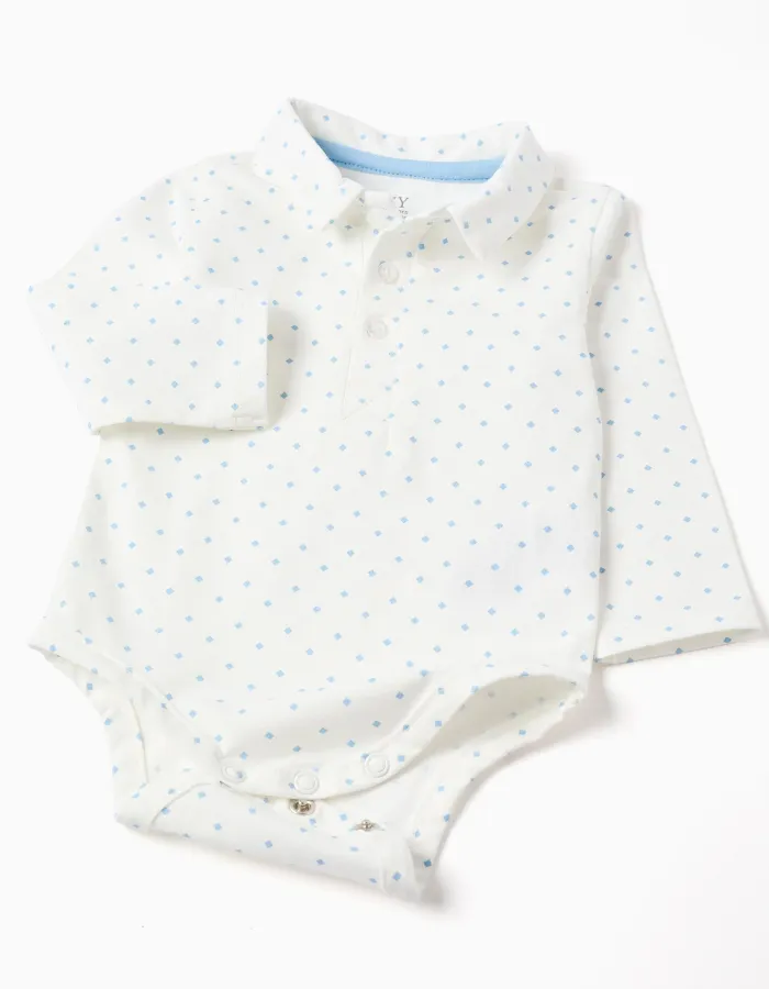 Polo-bodysuit + corduroy shorts for newborn boys, white/beige