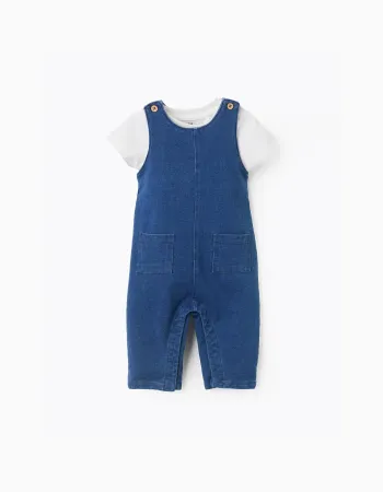 Bodysuit with print + denim jumpsuit for newborn boys, white/blue