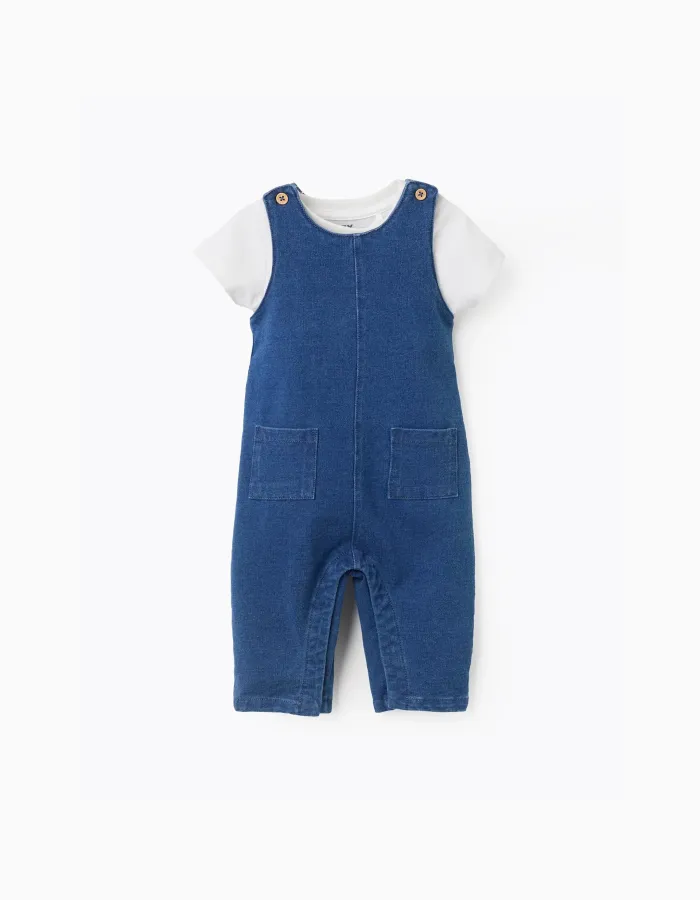 Bodysuit with print + denim jumpsuit for newborn boys, white/blue