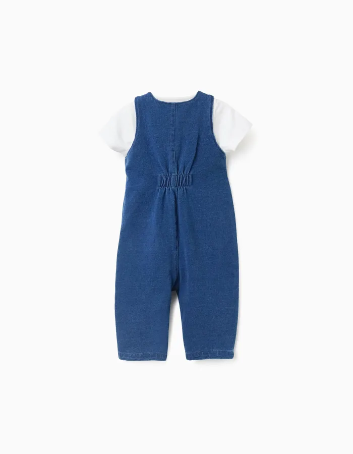 Bodysuit with print + denim jumpsuit for newborn boys, white/blue