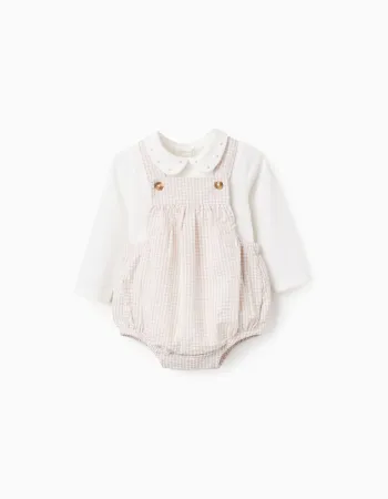 Bodysuit + jumpsuit with Vichy pattern for newborn boys, white/beige