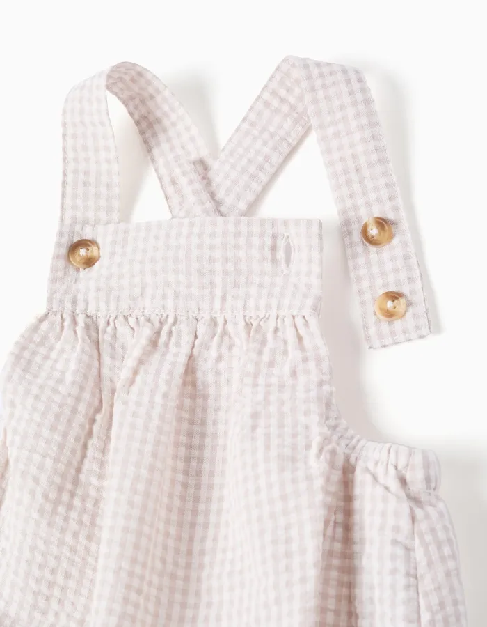 Bodysuit + jumpsuit with Vichy pattern for newborn boys, white/beige