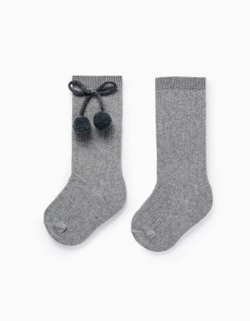 High Socks with Pompons for Baby Girls, Grey