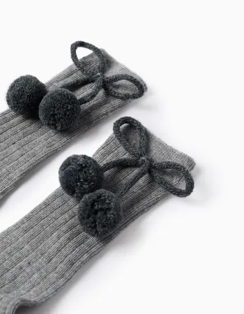 High Socks with Pompons for Baby Girls, Grey
